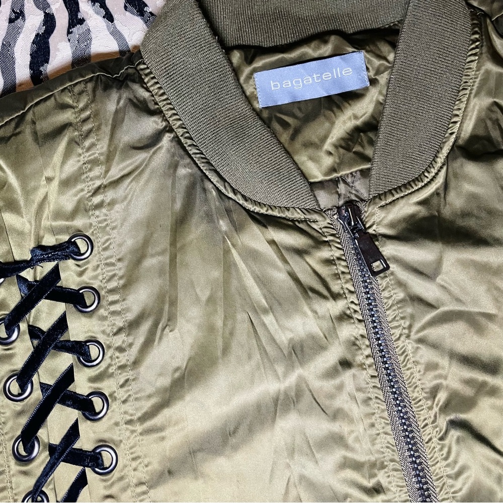 Bagatelle Olive Bomber Jacket with Lace-Up Corset Details - Picture 4 of 7